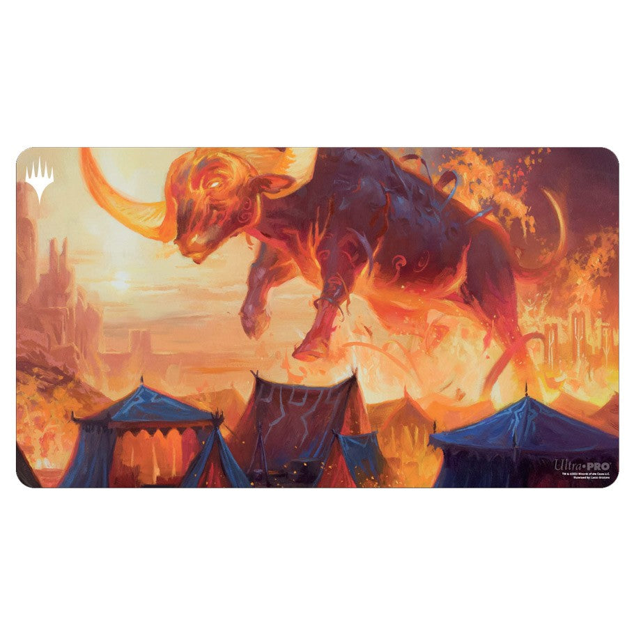 Ultra Pro Playmat - Wilds of Eldraine - Restless Bivouac - Rectangular playmat with vibrant fantasy artwork of a fiery red bull leaping over tents under a glowing orange sky.