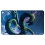Ultra Pro Playmat - Wilds of Eldraine - Restless Vinestalk - Gaming playmat featuring dark green, twisting vine monster with glowing purple eyes against stormy sky background.