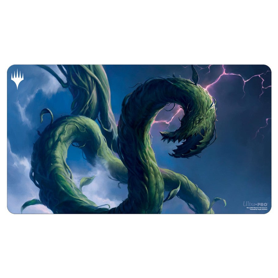 Ultra Pro Playmat - Wilds of Eldraine - Restless Vinestalk - Gaming playmat featuring dark green, twisting vine monster with glowing purple eyes against stormy sky background.