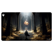 Ultra Pro Playmat - Wilds of Eldraine -Virtue of Loyalty - Dark fantasy playmat with a lone cloaked figure facing glowing, floating rings inside a grand, shadowy cathedral.