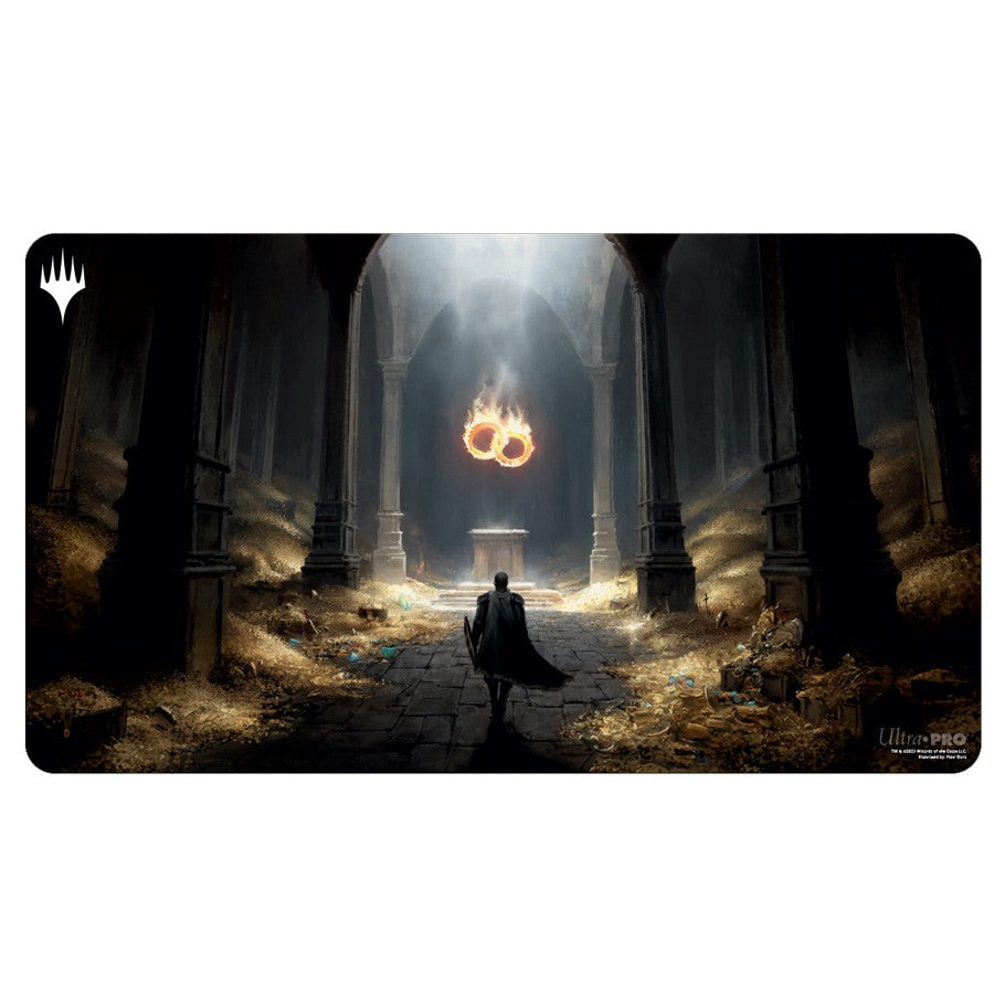 Ultra Pro Playmat - Wilds of Eldraine -Virtue of Loyalty - Dark fantasy playmat with a lone cloaked figure facing glowing, floating rings inside a grand, shadowy cathedral.