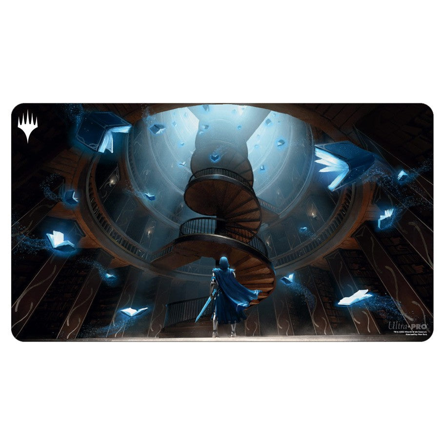 Ultra Pro Playmat - Wilds of Eldraine - Virtue of Knowledge - Playmat featuring a dark fantasy scene with a glowing spiral staircase and ethereal blue hands reaching down.