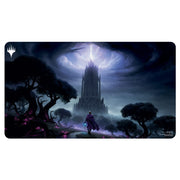 Ultra Pro Playmat - Wilds of Eldraine - Virtue of Persistence - Dark fantasy playmat with a towering black castle, swirling stormy sky, and a lone cloaked figure walking among twisted.