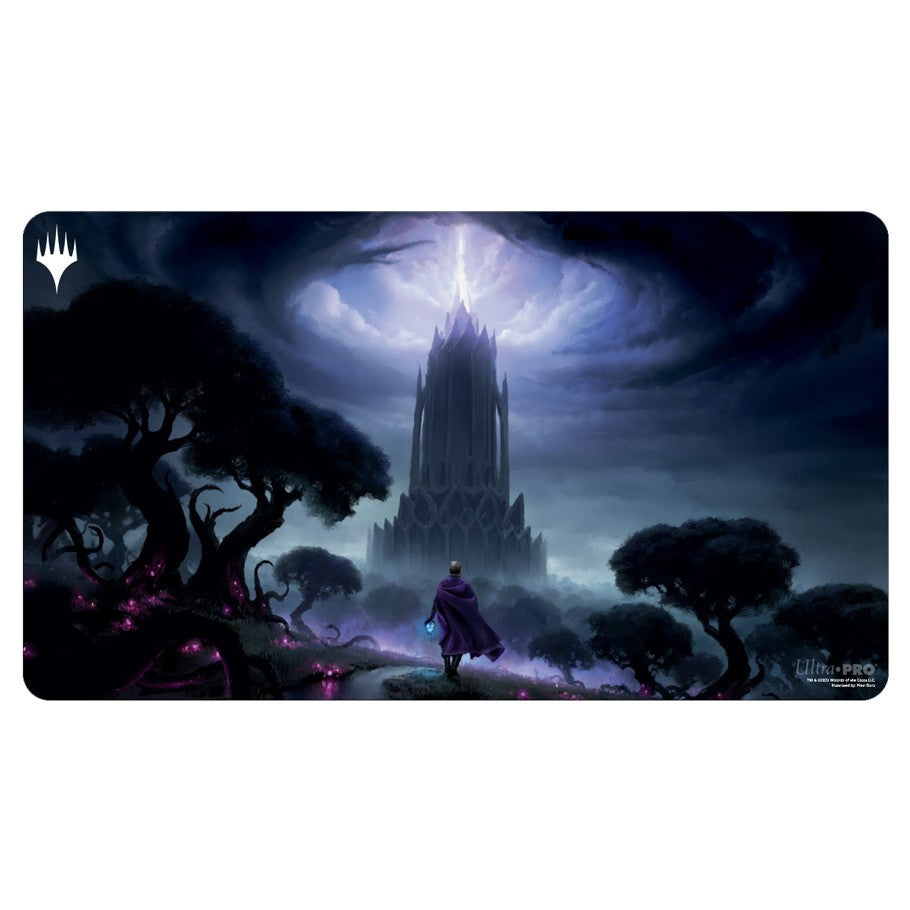 Ultra Pro Playmat - Wilds of Eldraine - Virtue of Persistence - Dark fantasy playmat with a towering black castle, swirling stormy sky, and a lone cloaked figure walking among twisted.
