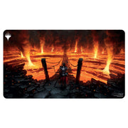 Ultra Pro Playmat - Wilds of Eldraine - Virtue of Courage - Rectangular playmat featuring a dark volcanic landscape with fiery lava flows and a lone armored figure facing a glowing.