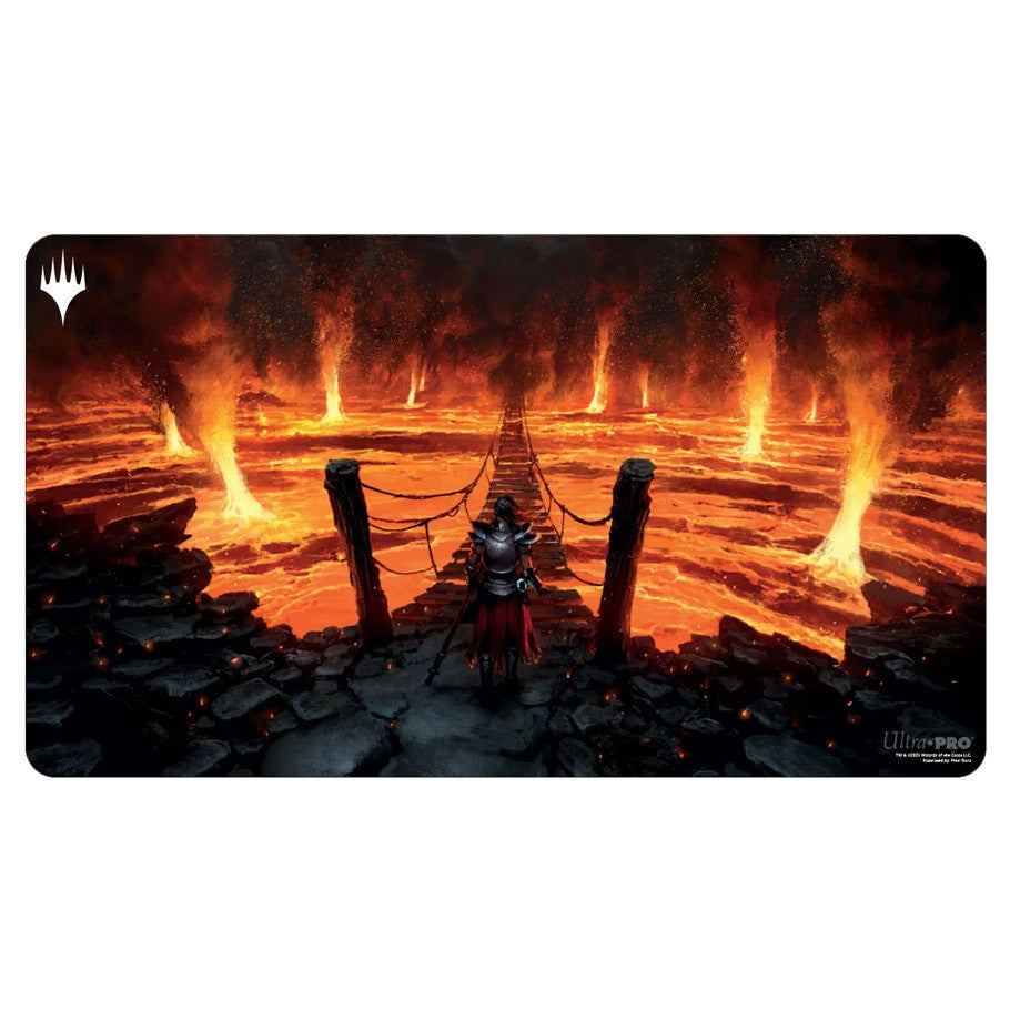 Ultra Pro Playmat - Wilds of Eldraine - Virtue of Courage - Rectangular playmat featuring a dark volcanic landscape with fiery lava flows and a lone armored figure facing a glowing.