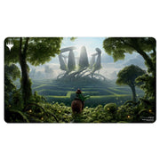 Ultra Pro Playmat - Wilds of Eldraine - Virtue of Strength - Playmat featuring a mystical forest scene with towering stone figures and a rider approaching through lush greenery under a.