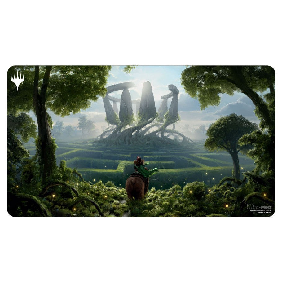 Ultra Pro Playmat - Wilds of Eldraine - Virtue of Strength - Playmat featuring a mystical forest scene with towering stone figures and a rider approaching through lush greenery under a.
