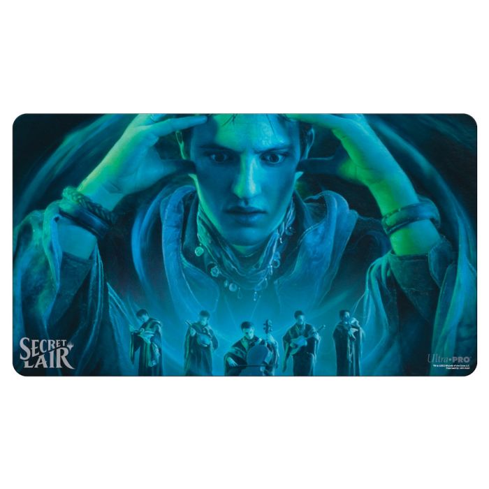 Playmat: Magic the Gathering: Secret Lair: Brainstorm - Rectangular playmat featuring a blue-toned mystical illustration of a focused figure with hands near head, surrounded by.
