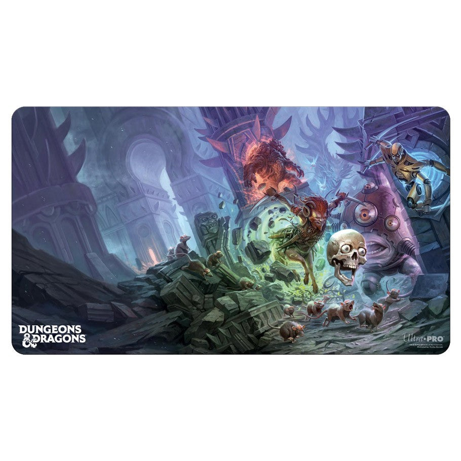 Playmat: Dungeons & Dragons: Planescape V2 - Dungeons & Dragons Planescape playmat with vibrant fantasy scene, featuring mystical ruins, fiery figure, ethereal portal,.