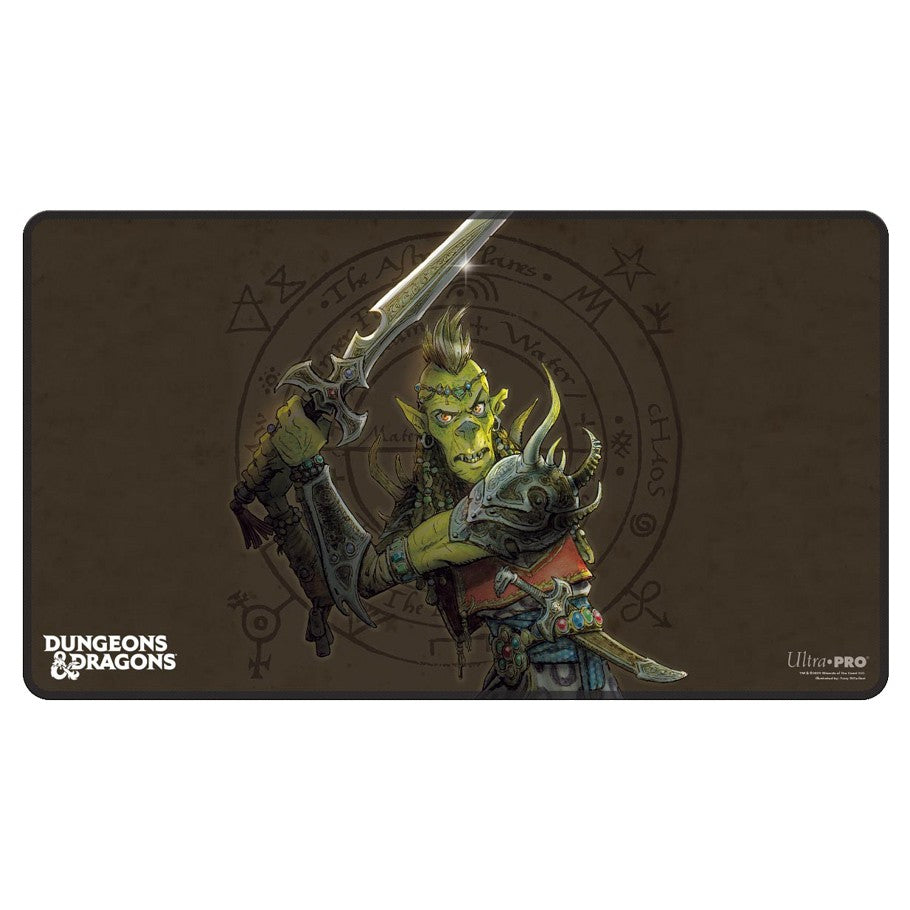 Playmat: Dungeons & Dragons: Planescape Stitched 1 - Dark brown rectangular gaming playmat featuring a green orc warrior wielding a large sword, with intricate circular rune.