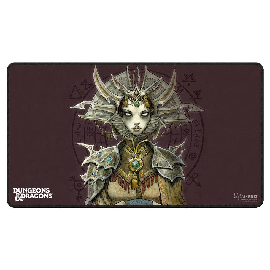 Playmat: Dungeons & Dragons: Planescape Stitched 2 - Dark maroon rectangular playmat featuring a detailed fantasy female character with spiked armor and a crown, Dungeons &.