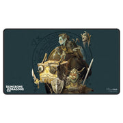 Playmat: Dungeons & Dragons: Planescape Stitched 3 - Dark teal rectangular playmat featuring illustrated fantasy characters, a treasure chest, sword, and shield with Dungeons &.