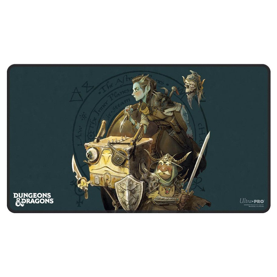 Playmat: Dungeons & Dragons: Planescape Stitched 3 - Dark teal rectangular playmat featuring illustrated fantasy characters, a treasure chest, sword, and shield with Dungeons &.