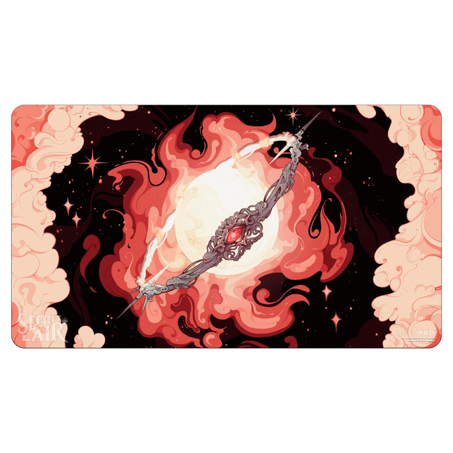 Playmat: Magic the Gathering: Secret Lair: Sol Ring - Rectangular playmat featuring a fiery red and orange swirling background with a glowing silver Sol Ring design at the center.