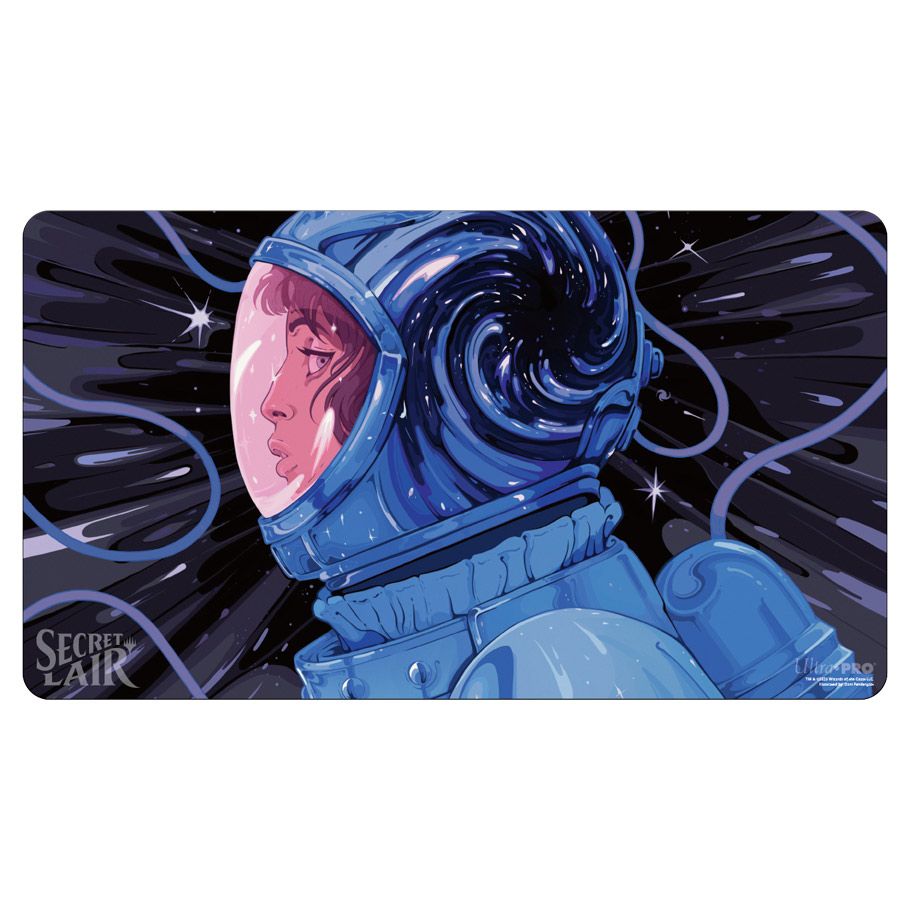 Playmat: Magic the Gathering: Secret Lair: Thought Vessel - Rectangular playmat featuring a blue astronaut helmet with a swirling cosmic vortex inside, set against a dark starry.