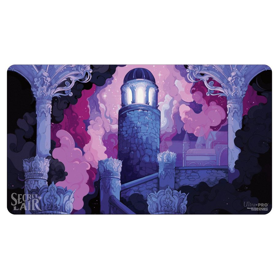 Playmat: Magic the Gathering: Secret Lair: Command Tower - Rectangular playmat with a purple and pink mystical tower design, featuring glowing windows and ornate arch details.