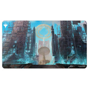 Playmat: Magic the Gathering: Ravnica Remastered: Azorius Senate - Blue and black fantasy cityscape playmat with glowing circular emblem and towering gothic architecture.