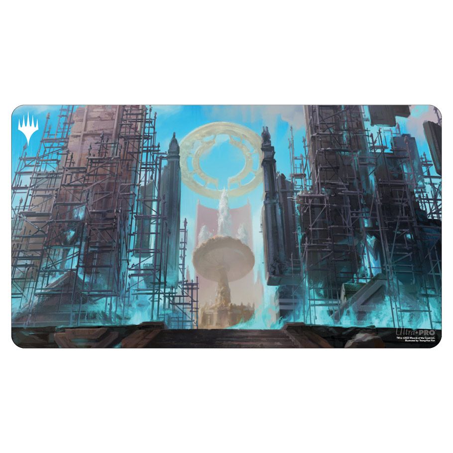 Playmat: Magic the Gathering: Ravnica Remastered: Azorius Senate - Blue and black fantasy cityscape playmat with glowing circular emblem and towering gothic architecture.