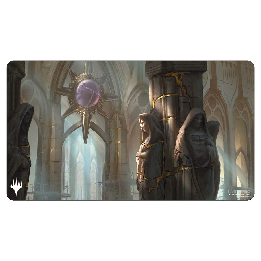 Playmat: Magic the Gathering: Ravnica Remastered: Orzhov Syndicate - Playmat with dark stone statues of robed figures and a glowing purple orb in a gothic cathedral setting.