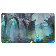 Playmat: Magic the Gathering: Ravnica Remastered: House Dimir - Playmat with fantasy ruins, blue and green hues, misty atmosphere, glowing blue flowers, and intricate stone archways.