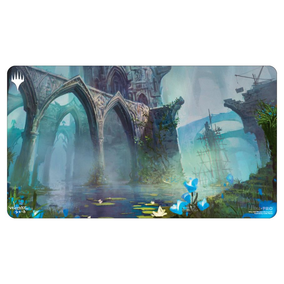 Playmat: Magic the Gathering: Ravnica Remastered: House Dimir - Playmat with fantasy ruins, blue and green hues, misty atmosphere, glowing blue flowers, and intricate stone archways.