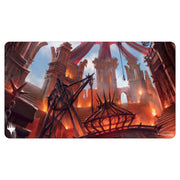 Playmat: Magic the Gathering: Ravnica Remastered: Cult of Rakdos - Rectangular playmat featuring dark gothic architecture with fiery orange and red tones, and spiked metal structures creating