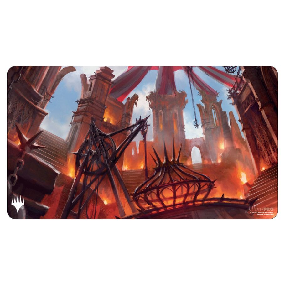 Playmat: Magic the Gathering: Ravnica Remastered: Cult of Rakdos - Rectangular playmat featuring dark gothic architecture with fiery orange and red tones, and spiked metal structures creating