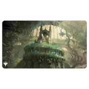 Playmat: Magic the Gathering: Ravnica Remastered: Golgari Swarm - Fantasy-themed playmat featuring a dark, ancient temple overgrown with glowing green and blue foliage in a misty forest.
