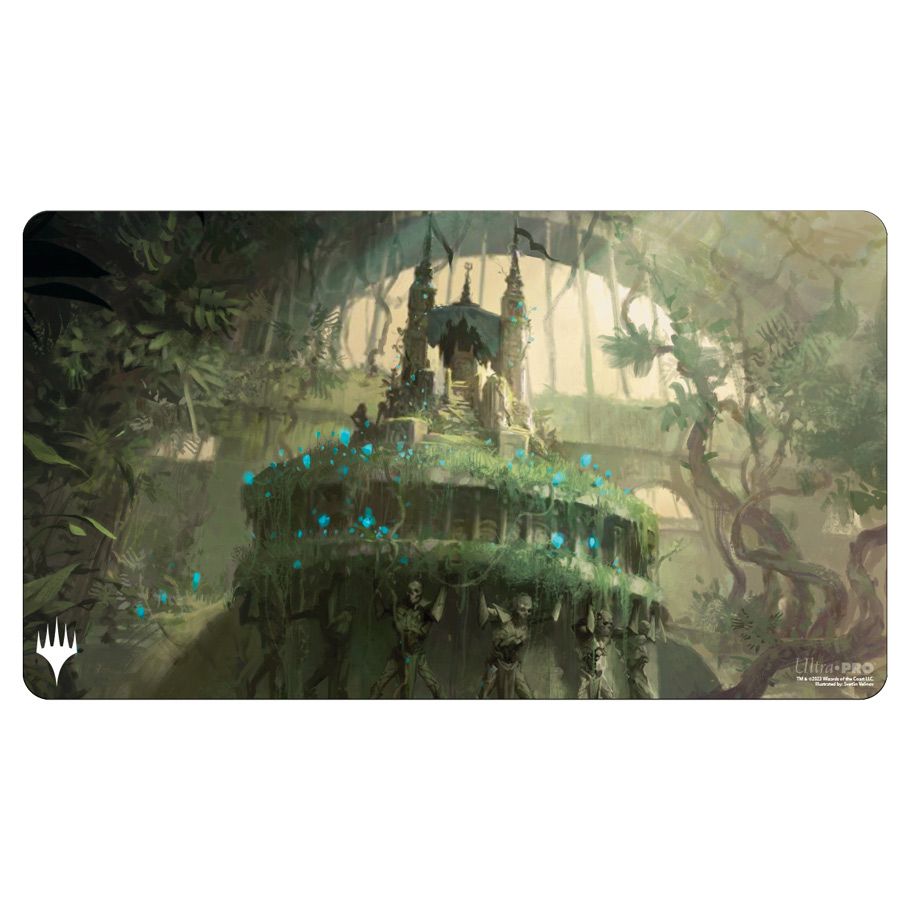 Playmat: Magic the Gathering: Ravnica Remastered: Golgari Swarm - Fantasy-themed playmat featuring a dark, ancient temple overgrown with glowing green and blue foliage in a misty forest.