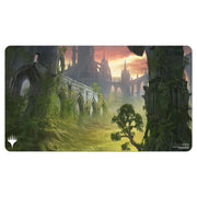Playmat: Magic the Gathering: Ravnica Remastered: Gruul Clans - Rectangular playmat with vibrant fantasy landscape featuring moss-covered stone ruins, twisted trees, and a sunset sky,.