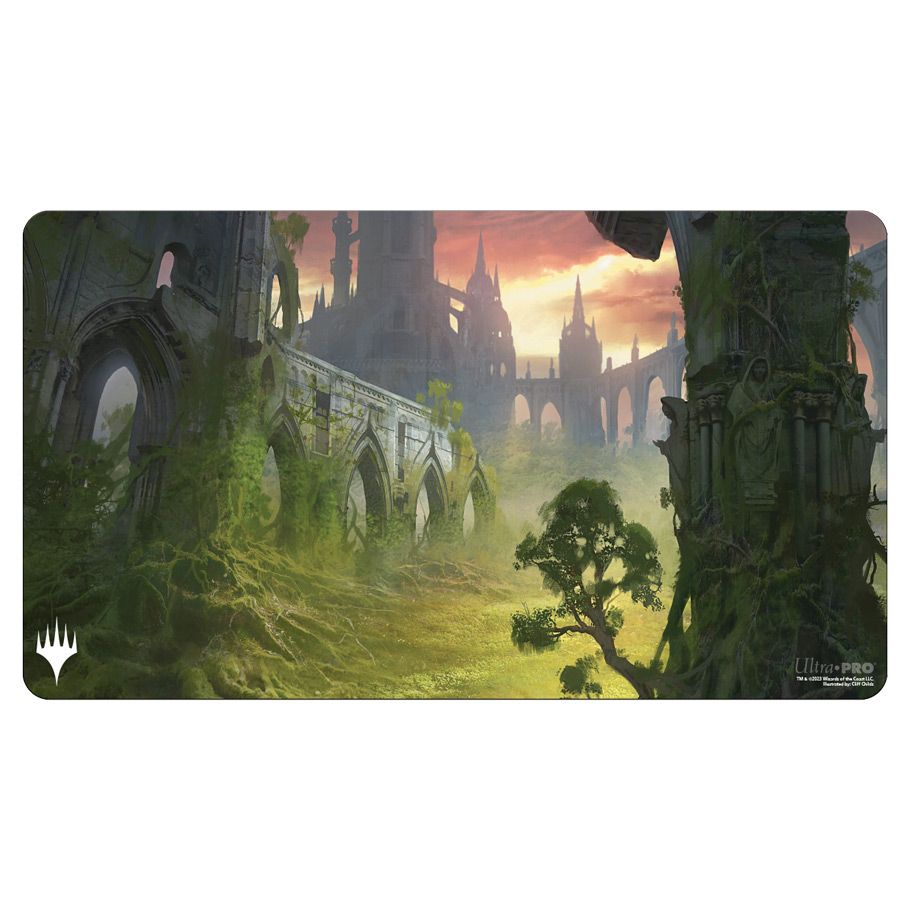 Playmat: Magic the Gathering: Ravnica Remastered: Gruul Clans - Rectangular playmat with vibrant fantasy landscape featuring moss-covered stone ruins, twisted trees, and a sunset sky,.