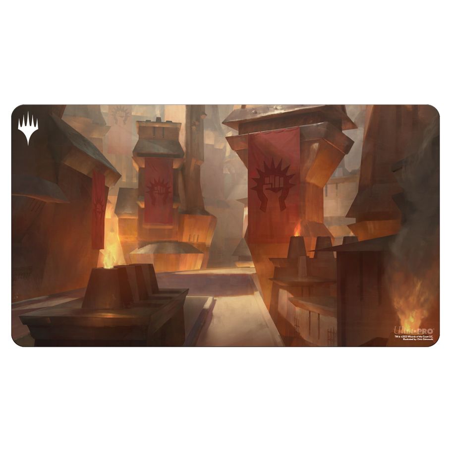 Playmat: Magic the Gathering: Ravnica Remastered: Boros Legion - Rectangular Magic the Gathering playmat with fiery red and brown tones, featuring towering fortress walls and Boros Legion.