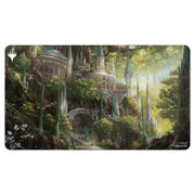 Playmat: Magic the Gathering: Ravnica Remastered: Selesnya Conclave - Fantasy playmat featuring an ethereal forest city with towering spires and lush greenery under golden sunlight.