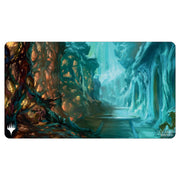 Playmat: Magic the Gathering: Ravnica Remastered: Simic Combine - Rectangular playmat featuring a vibrant fantasy landscape with twisting brown tree roots on the left and glowing turquoise.