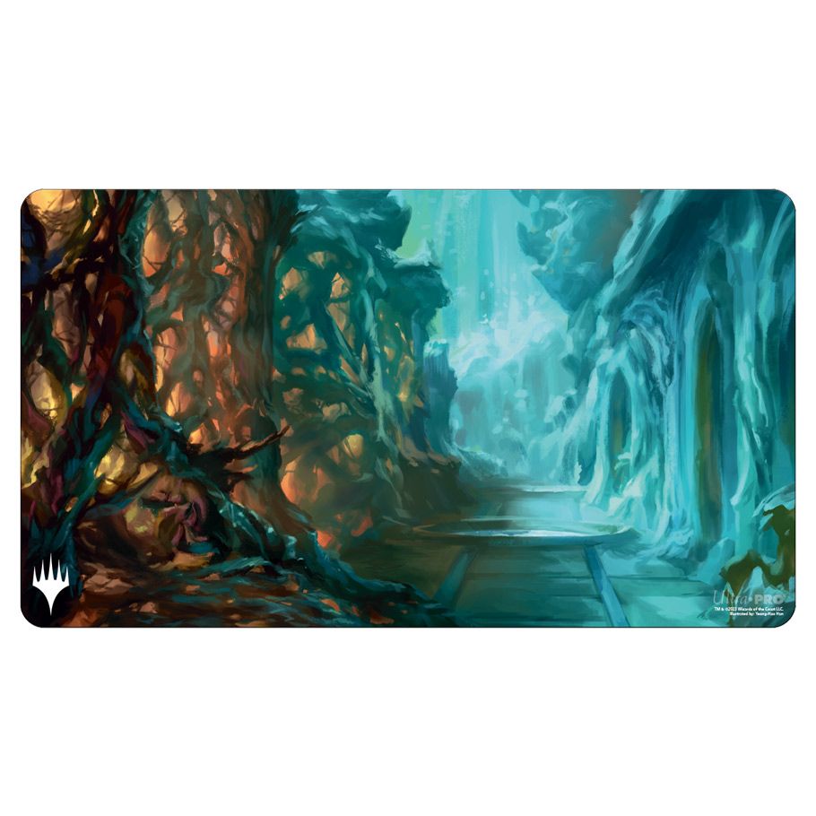Playmat: Magic the Gathering: Ravnica Remastered: Simic Combine - Rectangular playmat featuring a vibrant fantasy landscape with twisting brown tree roots on the left and glowing turquoise.