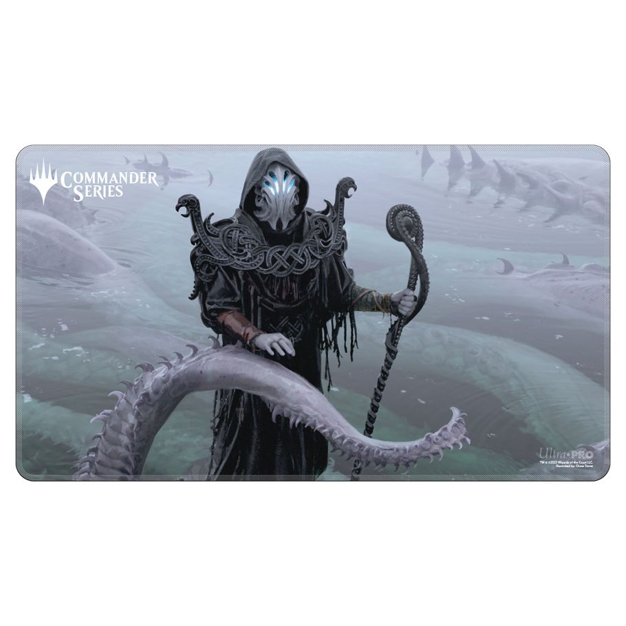 Playmat: MtG: Commander Series: Orvar, The All-Form - Dark robed figure with glowing blue eyes holding a staff amid large purple tentacles on grayish misty background playmat.