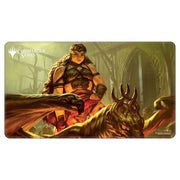 Playmat: MtG: Commander Series: Magda, Brazen Outlaw - Rectangular playmat featuring a fierce female warrior in dark armor wielding a large hammer, with a fiery, horned beast.