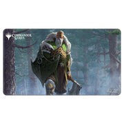 Playmat: MtG: Commander Series: Fynn, the Fangbearer - Dark forest-themed playmat featuring a warrior with green armor, fur collar, and battle axe, in misty woods background.