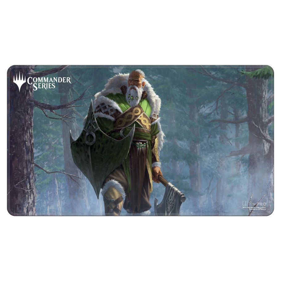 Playmat: MtG: Commander Series: Fynn, the Fangbearer - Dark forest-themed playmat featuring a warrior with green armor, fur collar, and battle axe, in misty woods background.