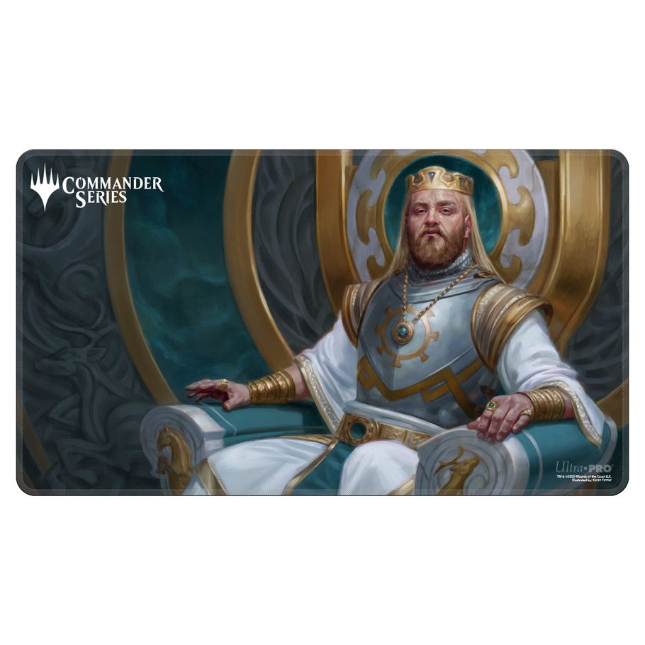 Playmat: Holofoil: Magic the Gathering: Commander Series: Kenrith, the Returned King - Playmat featuring a regal figure in white and gold armor seated on an ornate throne with a dark, intricate background and.