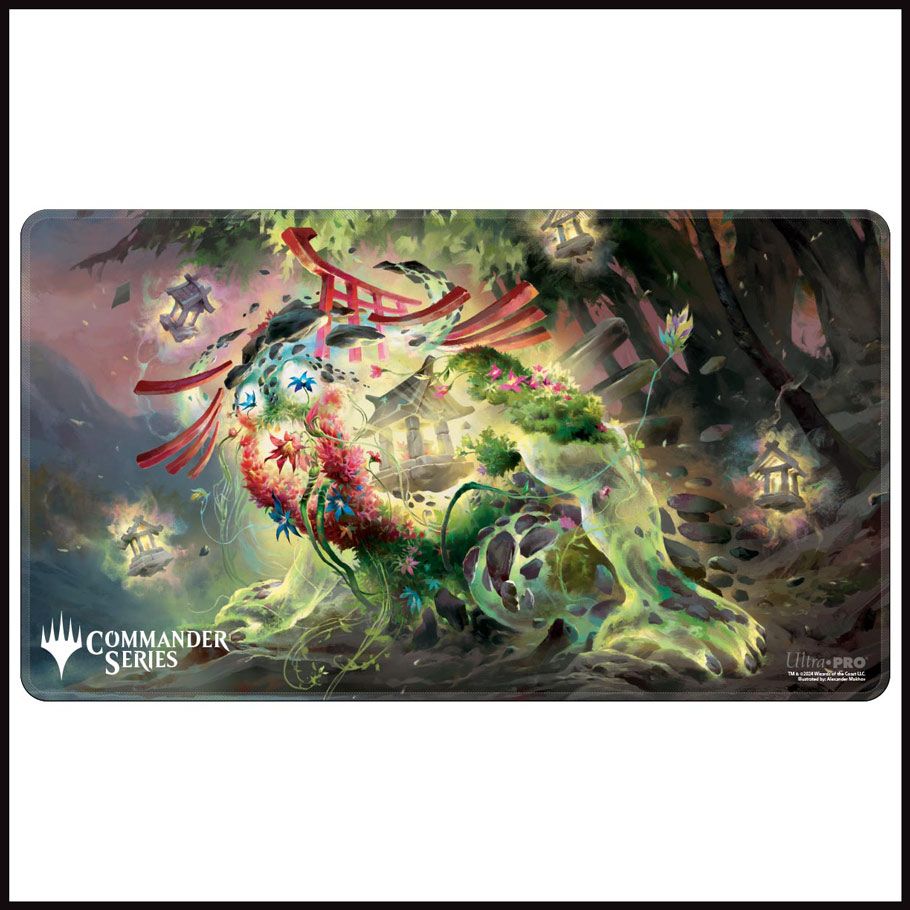 Playmat: Holofoil: Magic the Gathering: Commander Series: Go-Shintai of Life's Origin - Fantasy-themed rectangular playmat with glowing green and red ethereal creature surrounded by mystical forest elements and.