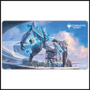 Playmat: Magic the Gathering: Commander Series: Shorikai, Genesis Engine - Playmat with futuristic robotic creature design in blue and white hues, featuring a tech landscape and Commander Series logo