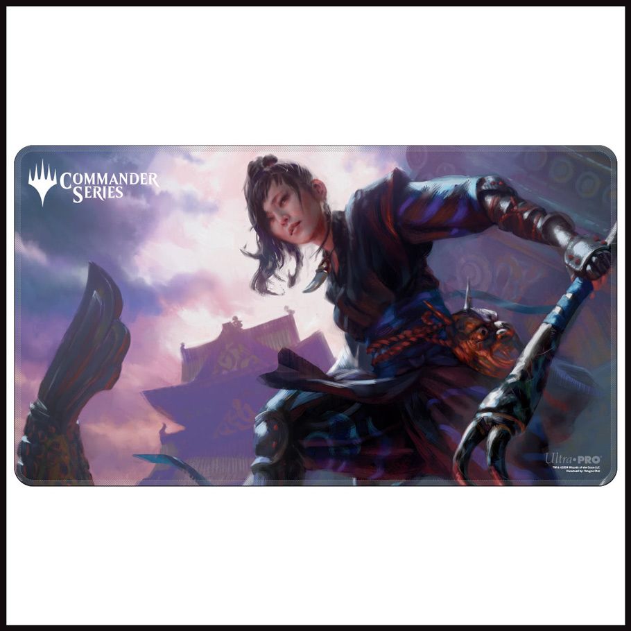Playmat: Magic the Gathering: Commander Series: Yuriko, the Tiger's Shadow - Rectangular playmat featuring a dynamic fantasy warrior woman in dark armor with a sword against a misty purple sky.