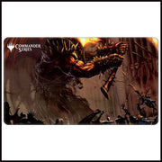 Playmat: Magic the Gathering: Commander Series: Rakdos, Lord of Riots - Dark fantasy playmat featuring a muscular demon wielding a large weapon amid fiery, chaotic background.
