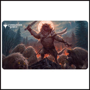 Playmat: Double Sided: Magic the Gathering: Commander Series: Tovolar - Dark fantasy playmat featuring a warrior with glowing eyes wielding a sword surrounded by wolves in a forest setting.