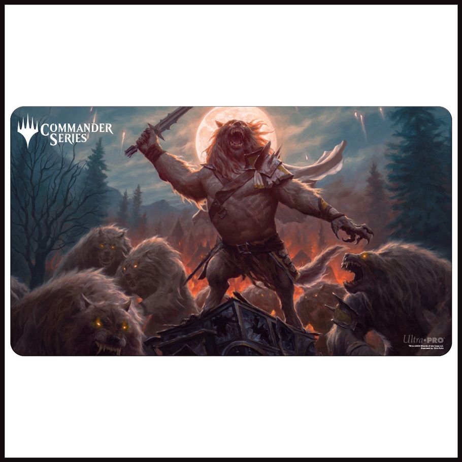 Playmat: Double Sided: Magic the Gathering: Commander Series: Tovolar - Dark fantasy playmat featuring a warrior with glowing eyes wielding a sword surrounded by wolves in a forest setting.