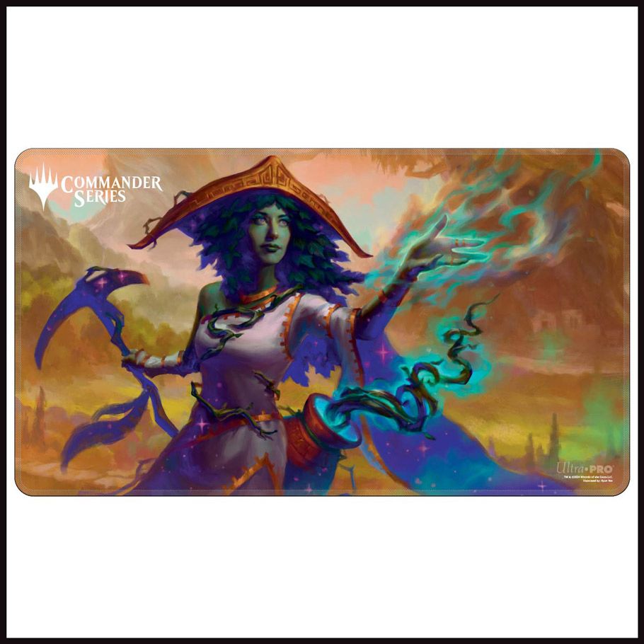 Playmat: Magic the Gathering: Commander Series: Sythis, Harvest's Hand - Rectangular playmat featuring vibrant fantasy artwork of a mystical female figure with blue skin, wearing a wide-brimmed hat