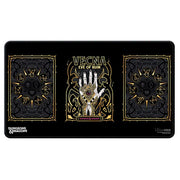 Playmat: D&D: Vecna Eve of Ruin Black Stitched Edge - Black rectangular playmat with gold mystical symbols and a central design featuring a skeletal hand holding an eye, bordered