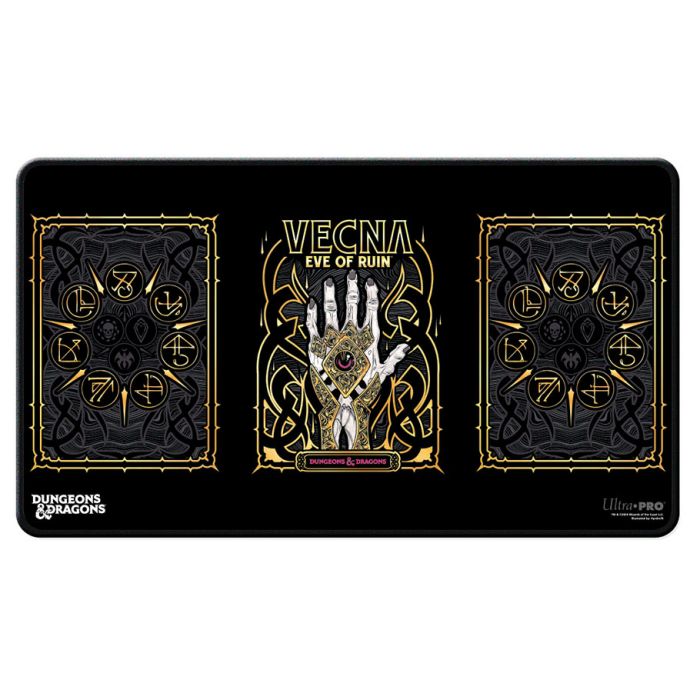 Playmat: D&D: Vecna Eve of Ruin Black Stitched Edge - Black rectangular playmat with gold mystical symbols and a central design featuring a skeletal hand holding an eye, bordered